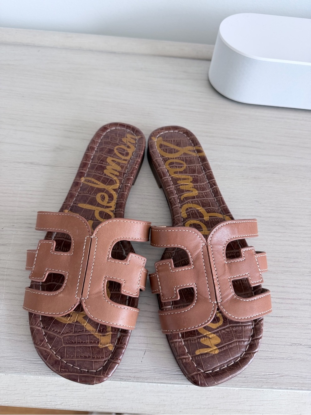 Sam Edelman Tan Leather Cutout Slide Sandals